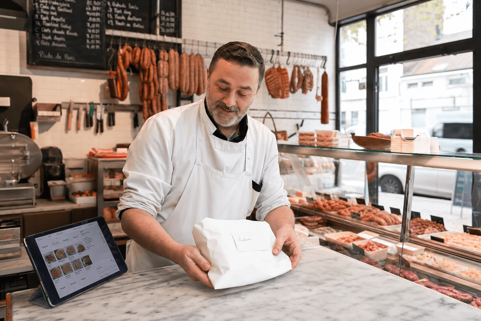 Vitrine d'une boucherie bruxelloise moderne avec tablette de commande en ligne sur le comptoir, paquet préparé pour retrait click & collect