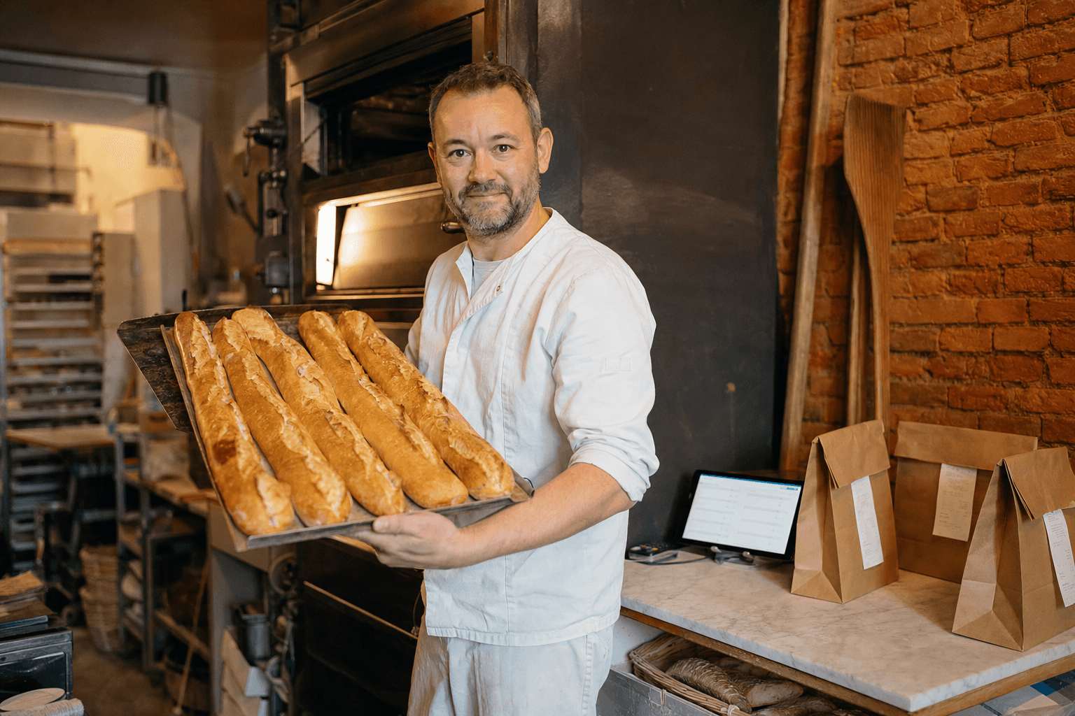 Boulanger artisan à Liège sortant des baguettes dorées d'un four à bois, tablette de commandes en ligne sur le comptoir