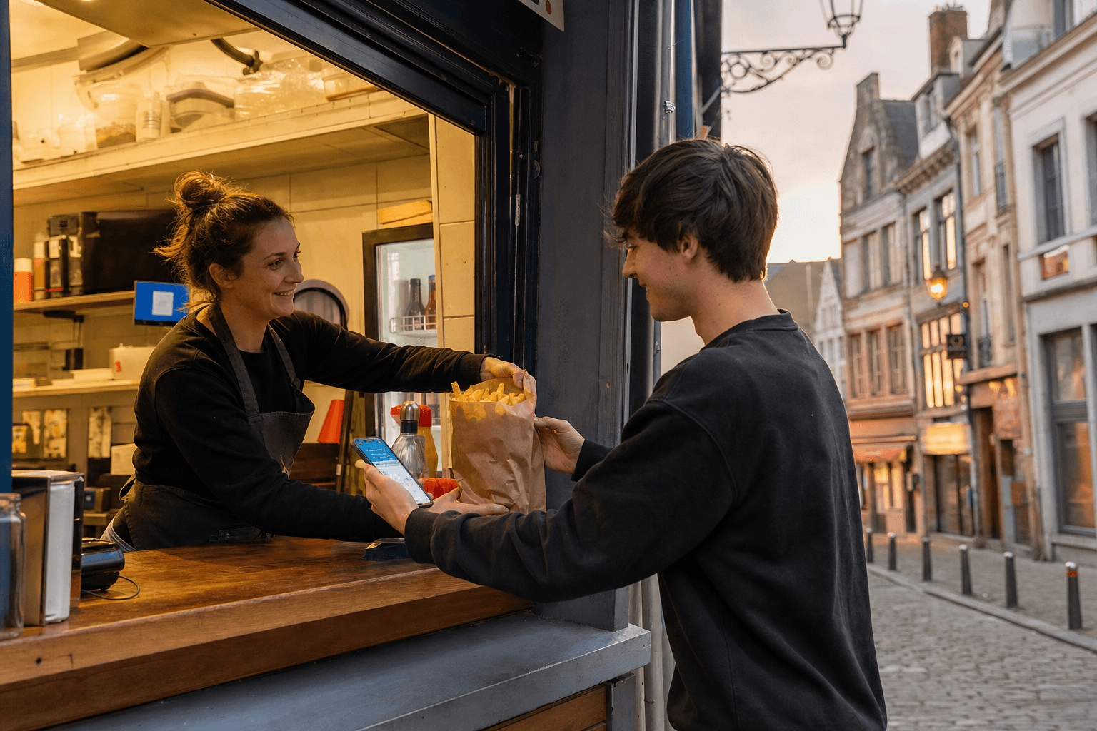 Devanture d'une friterie traditionnelle à Arlon, client récupérant un cornet de frites au comptoir, rue pavée en arrière-plan