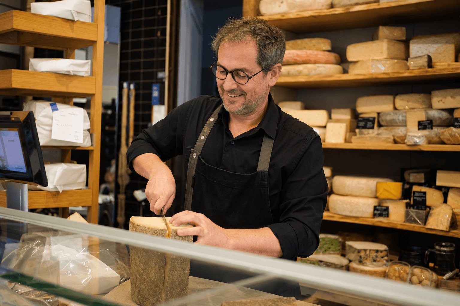 Fromager belge à Wavre découpant une meule de fromage artisanal derrière un comptoir réfrigéré, paquets click & collect sur étagère