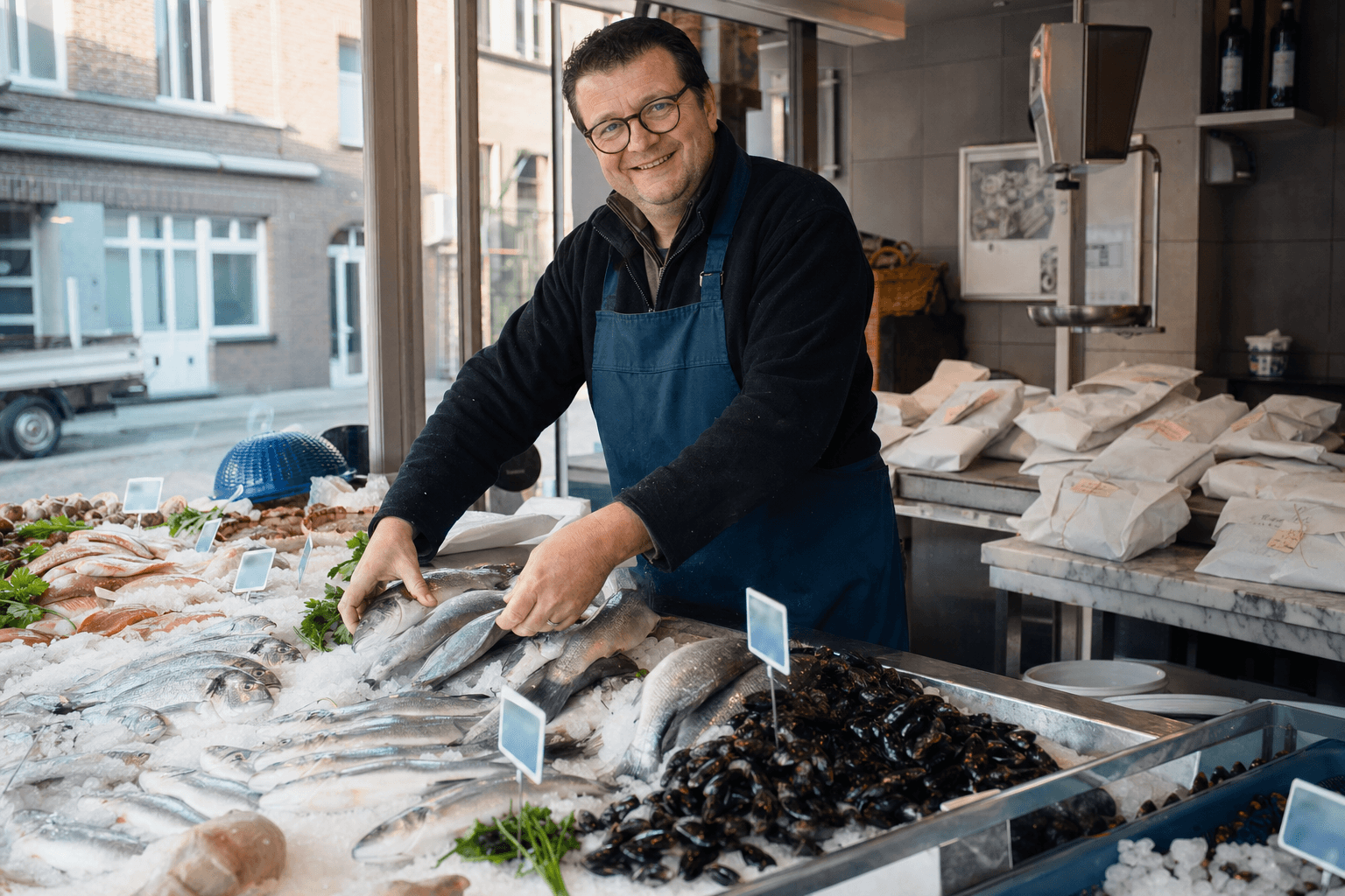 Poissonnier belge à Namur disposant des poissons frais sur un lit de glace, paquet emballé pour retrait click & collect