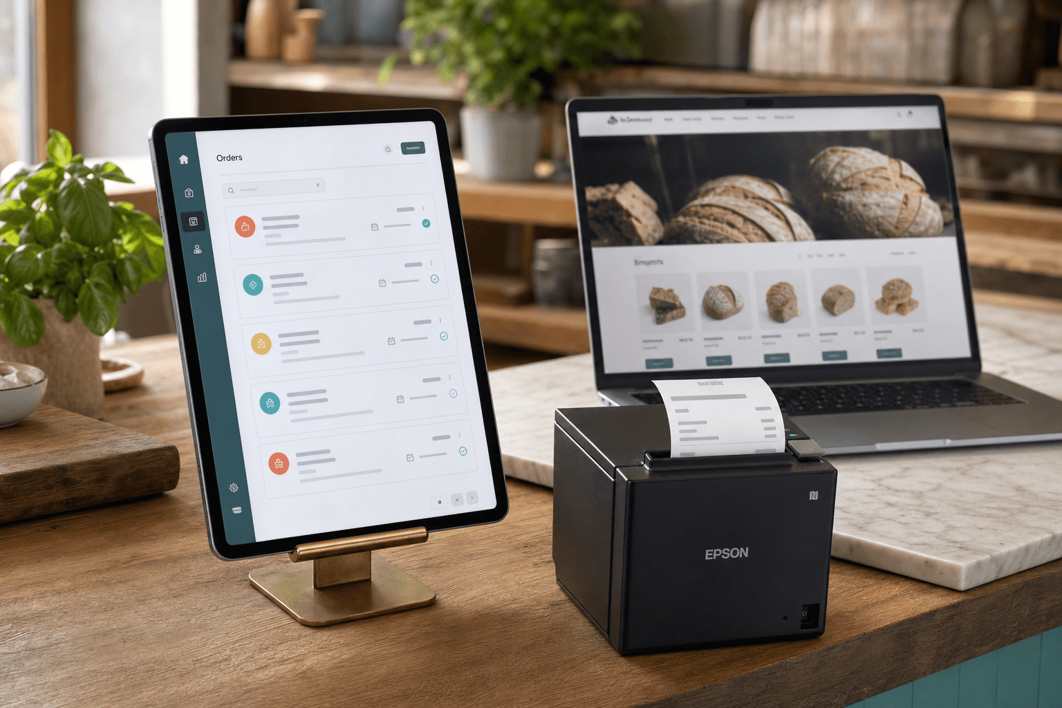 Tablette Digicommerce Manager, imprimante Epson et site vitrine, posés sur un comptoir d'artisan belge