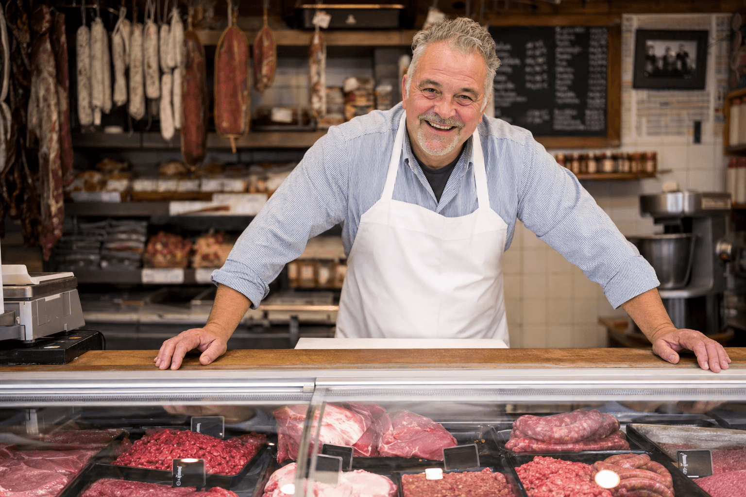 Boucher belge en train de trancher de la viande