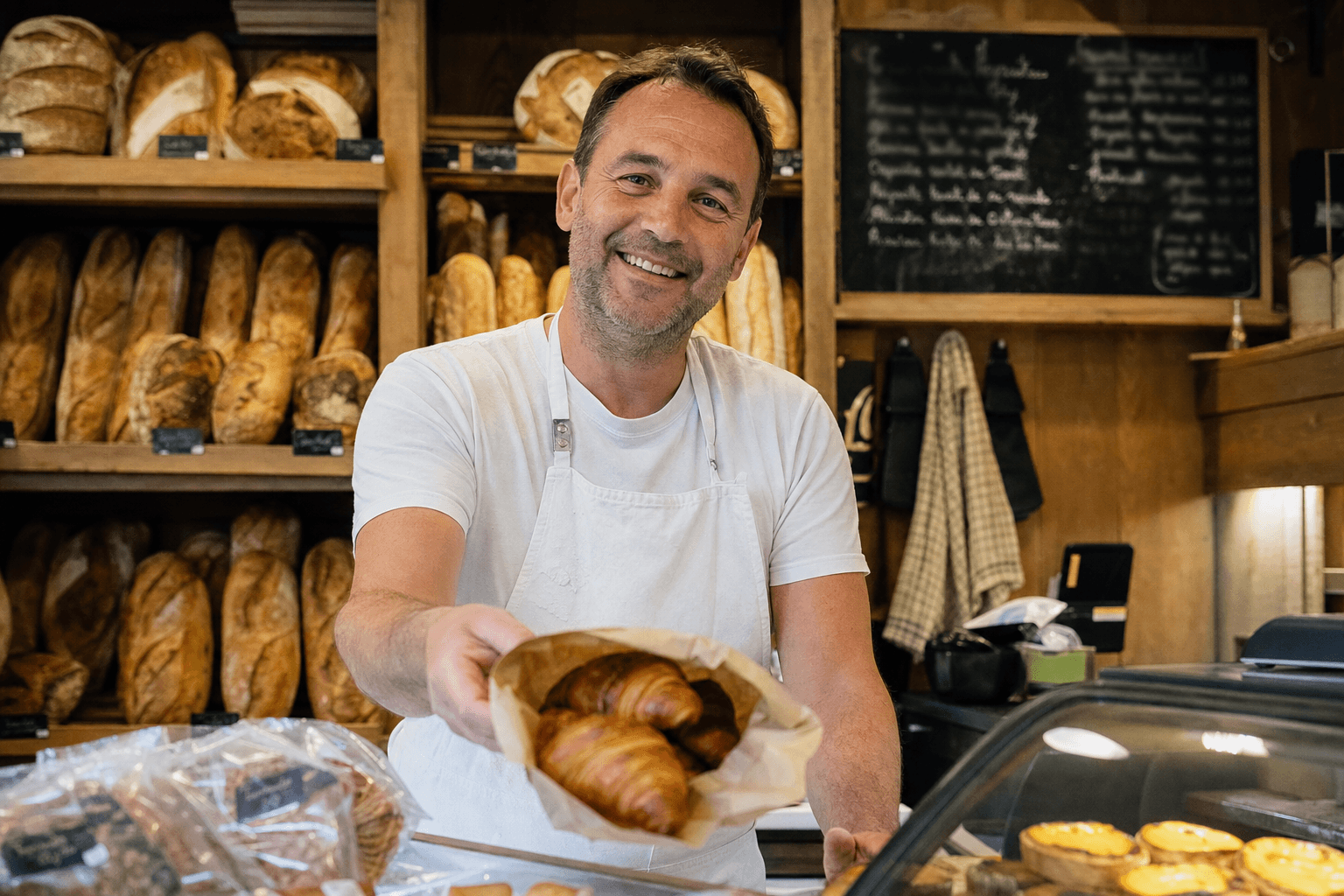 Boulanger sortant des baguettes du four à pierre