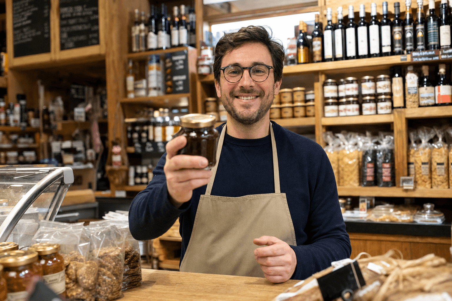 Épicier achalandant ses étagères d'artisanat alimentaire