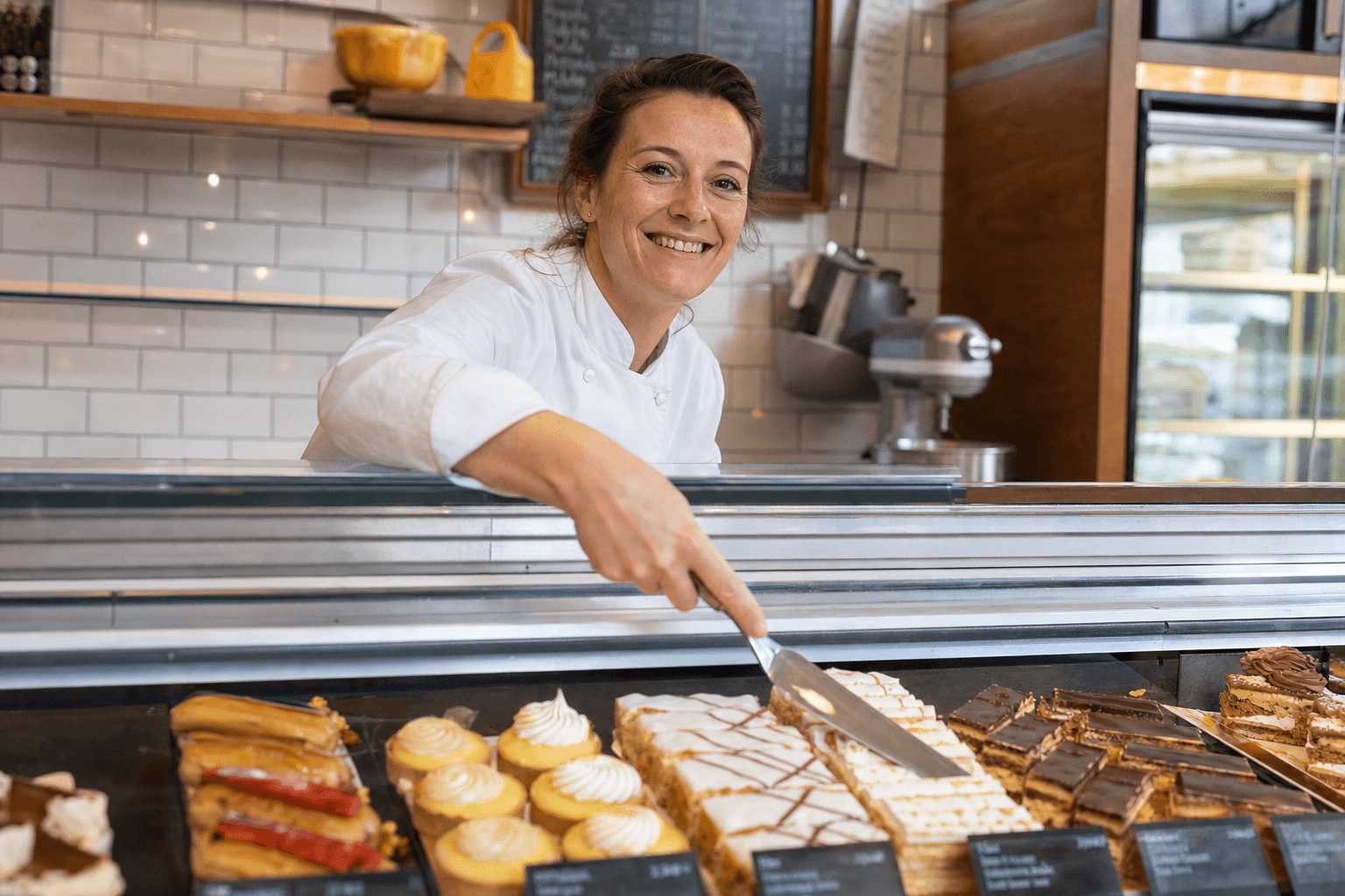 Pâtissier dressant un éclair au chocolat