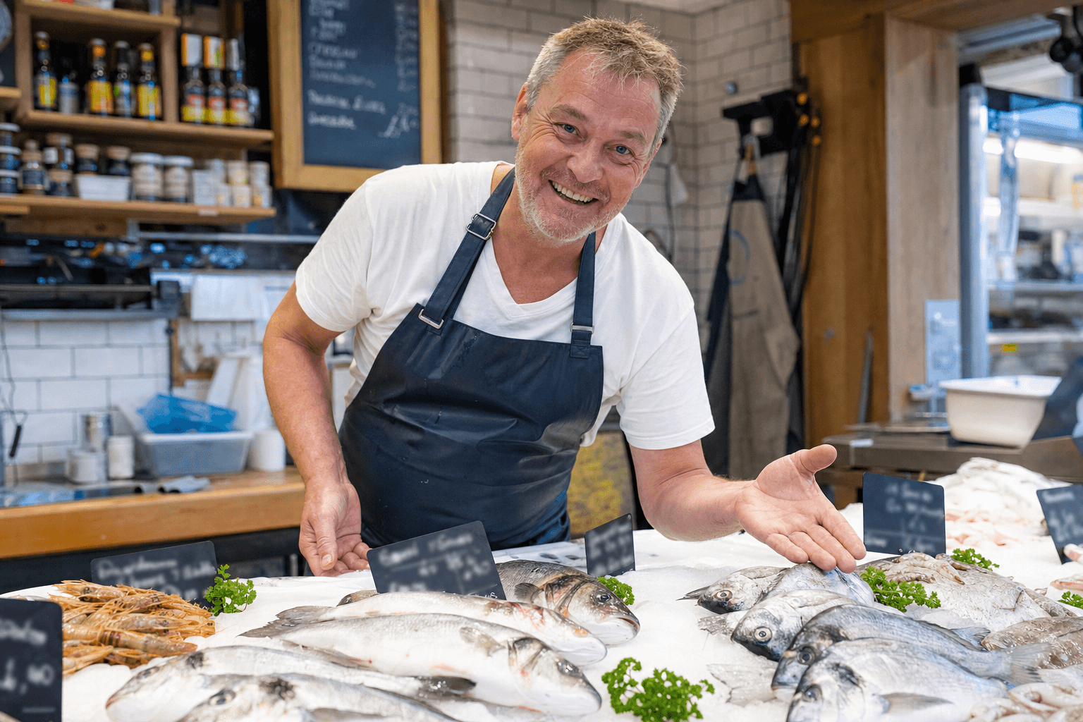Poissonnier disposant les arrivages du jour sur glace