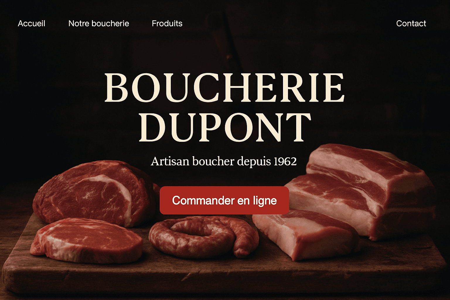 Aperçu d'un site vitrine de boucherie avec bouton « Commander en ligne »