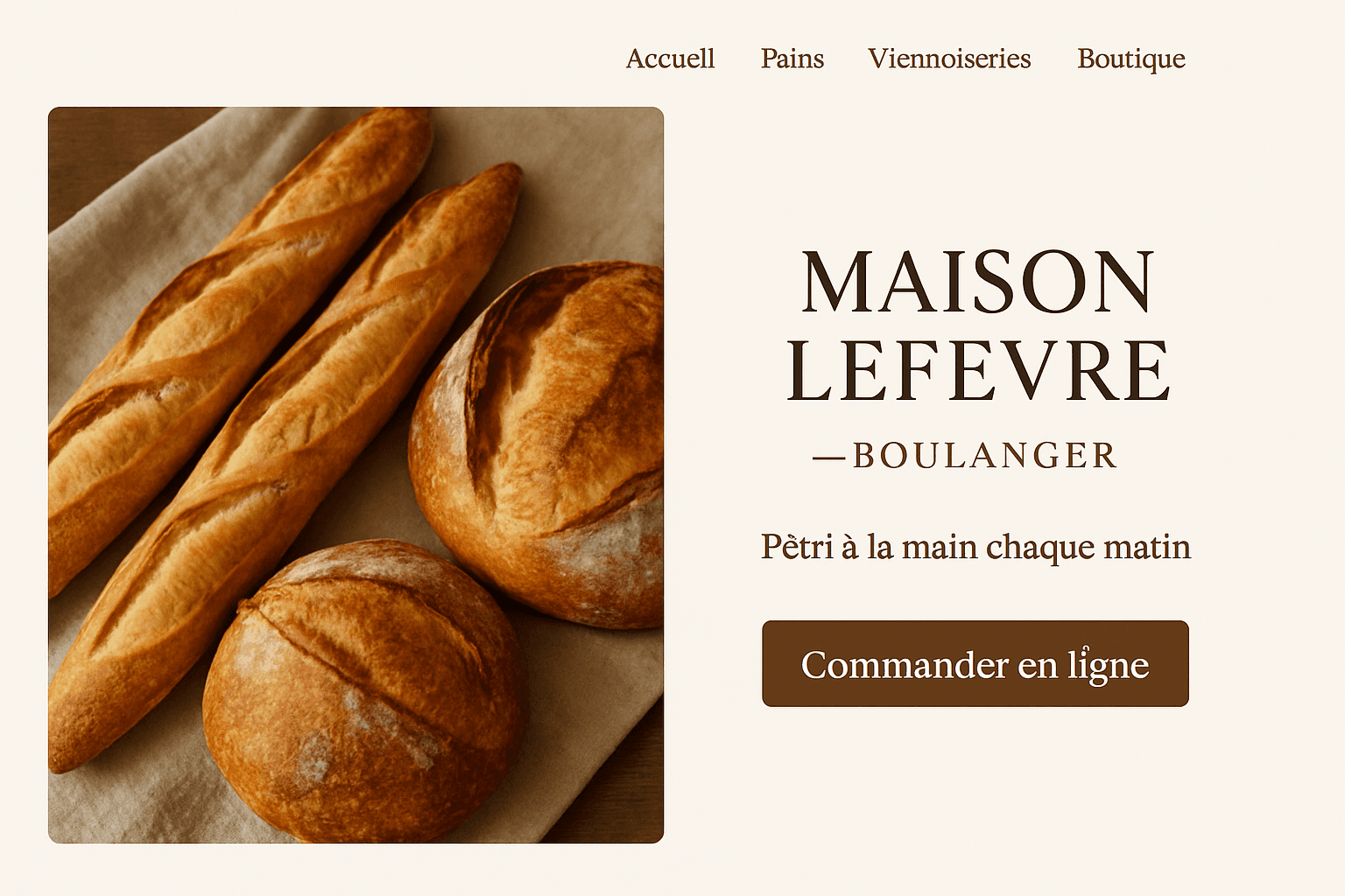 Aperçu d'un site vitrine de boulangerie avec bouton « Commander en ligne »