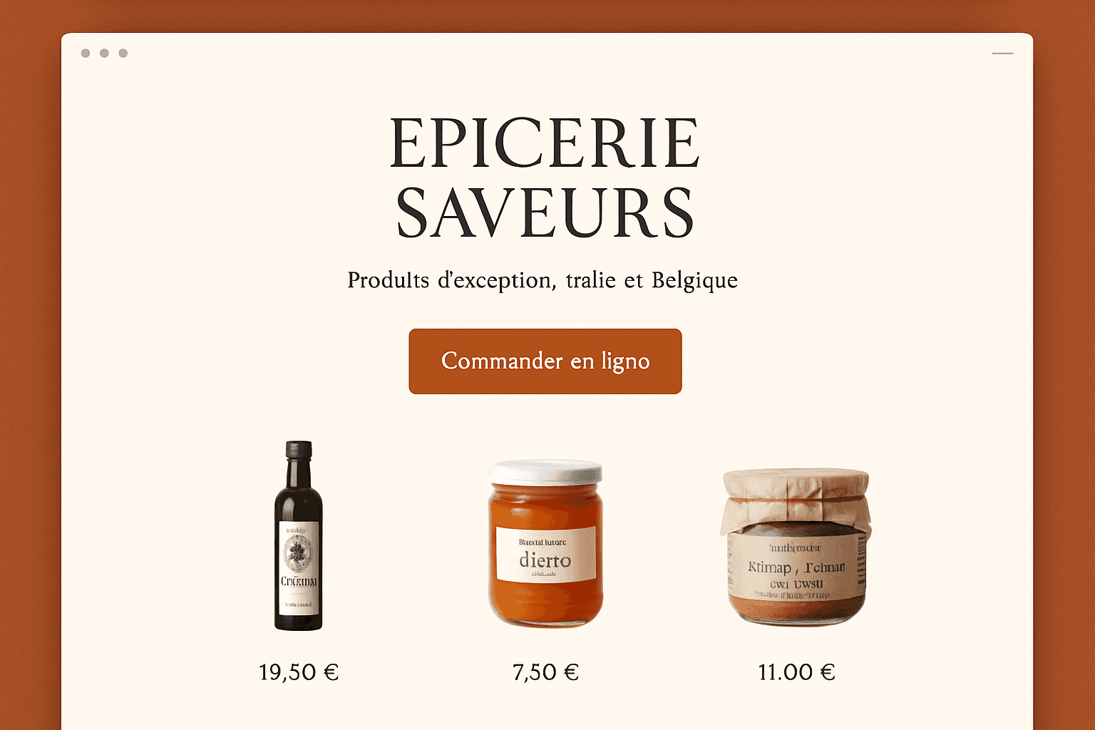 Aperçu d'un site vitrine d'épicerie fine avec bouton « Commander en ligne »