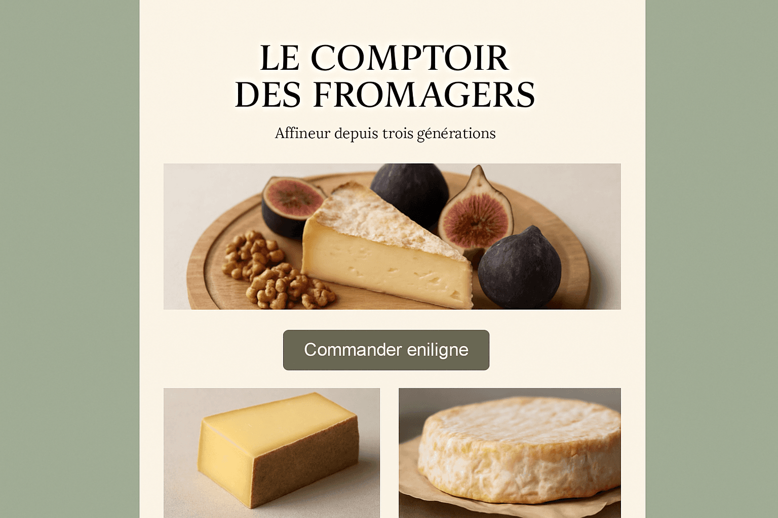 Aperçu d'un site vitrine de fromagerie avec bouton « Commander en ligne »