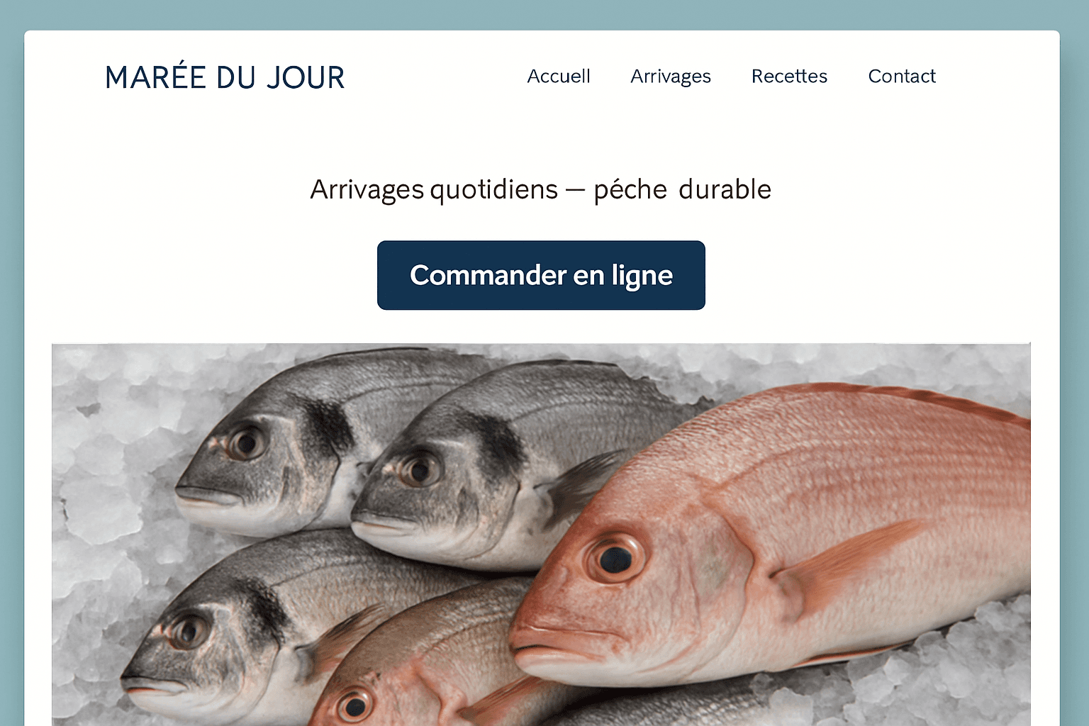 Aperçu d'un site vitrine de poissonnerie avec bouton « Commander en ligne »