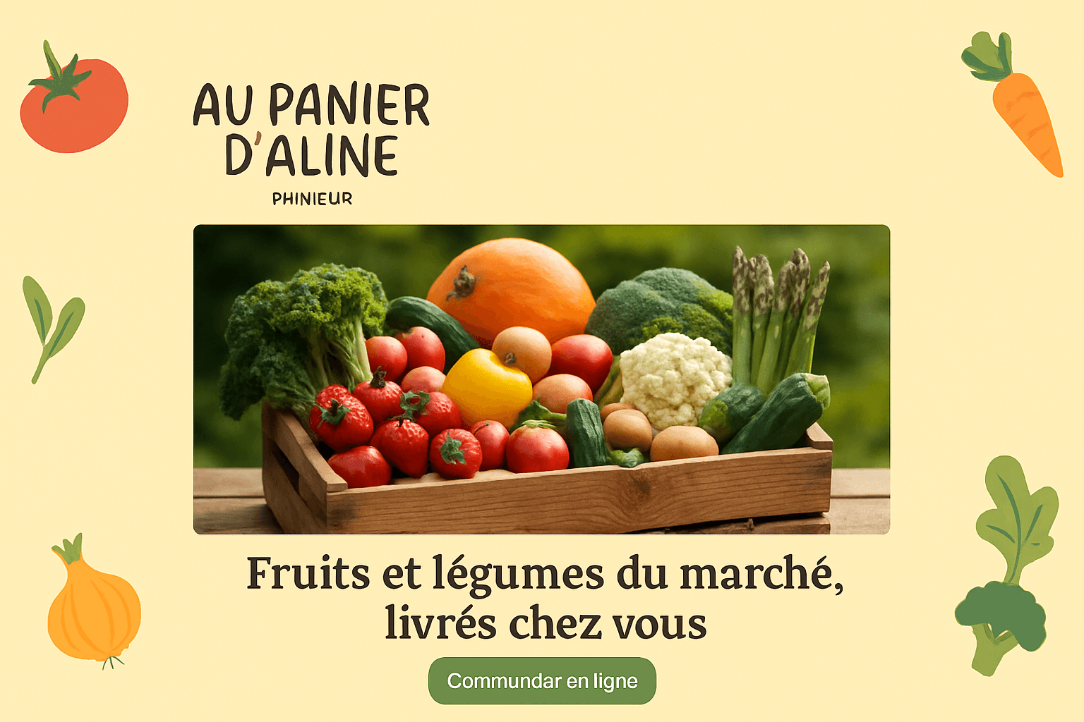 Aperçu d'un site vitrine de primeur avec bouton « Commander en ligne »