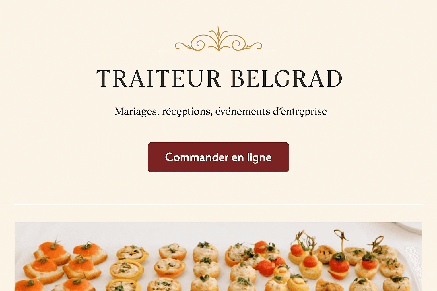 Aperçu d'un site vitrine de traiteur avec bouton « Commander en ligne »