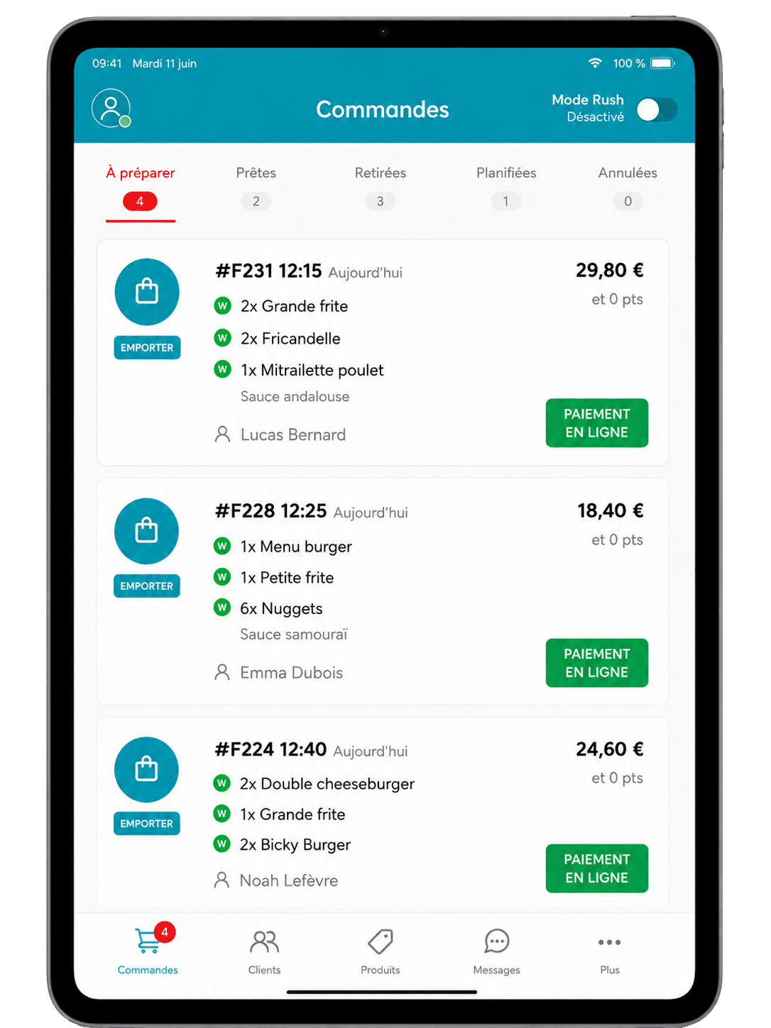 Digicommerce Manager sur iPad — flux des commandes en temps réel