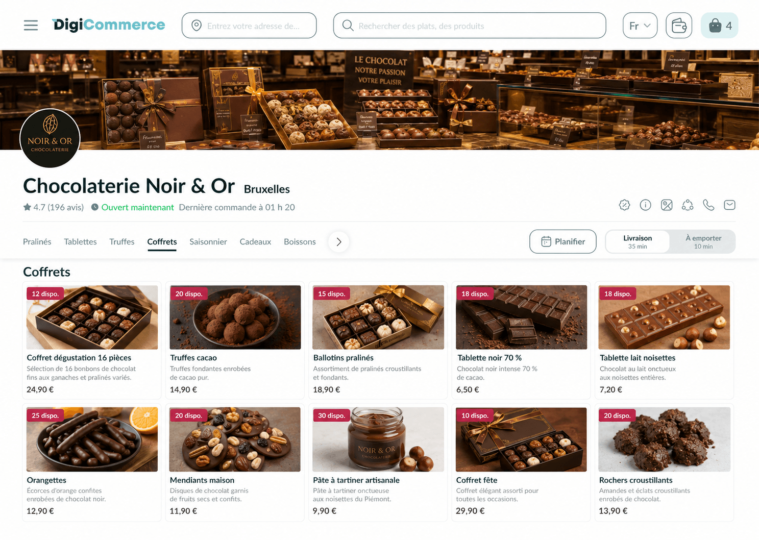 Aperçu type d'une boutique en ligne chocolatier (maquette)