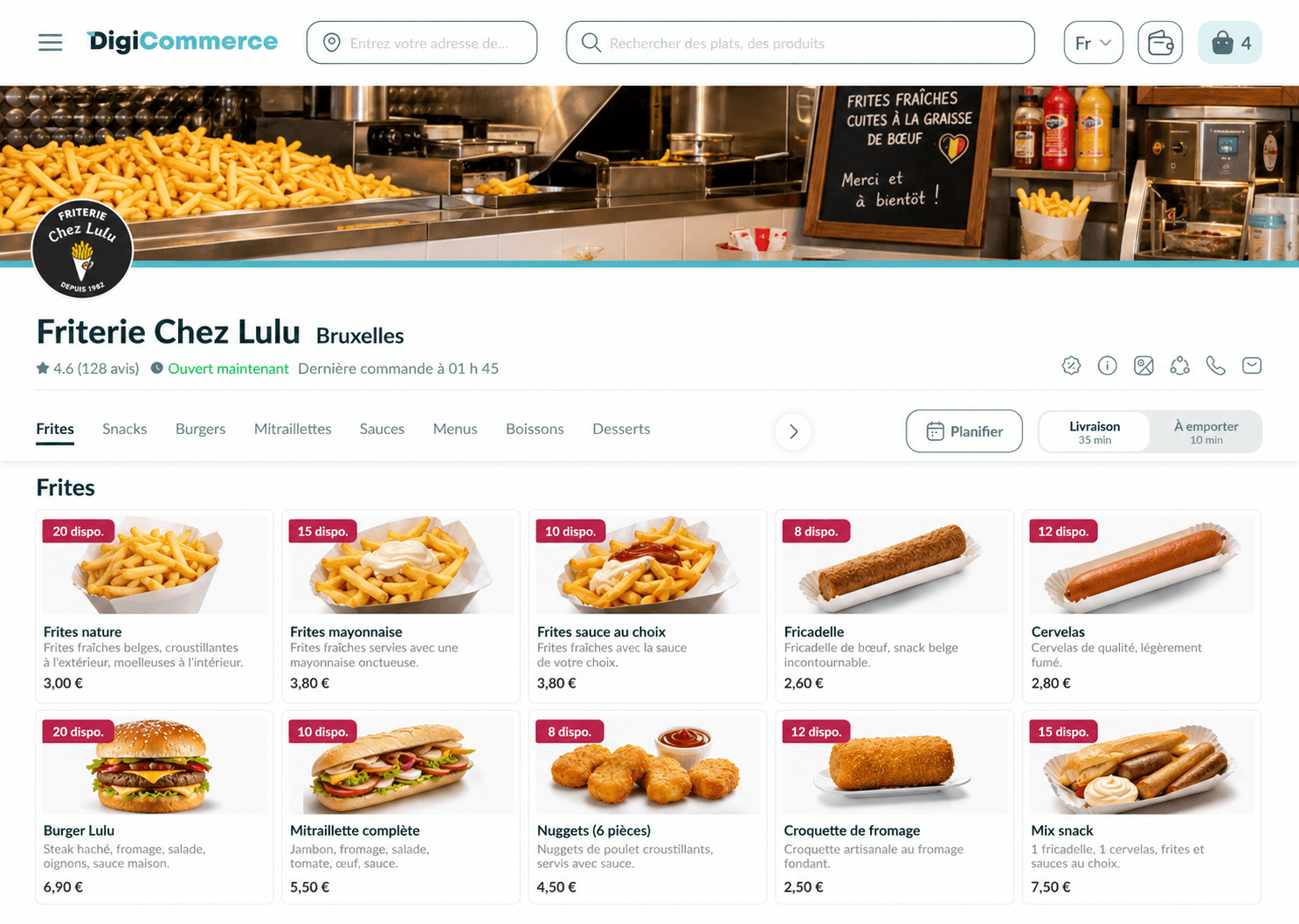 Aperçu type d'une boutique en ligne friterie (maquette)