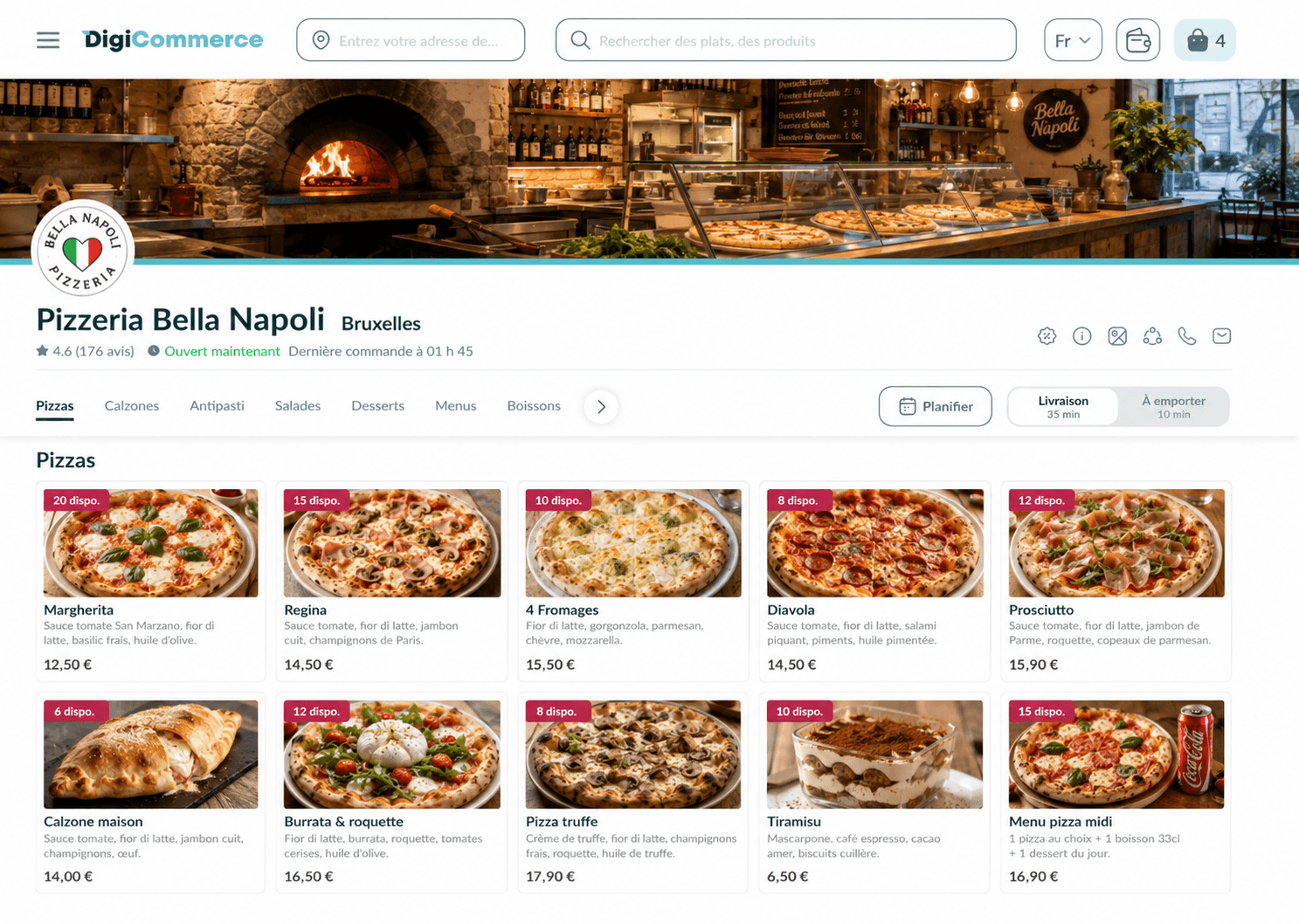 Aperçu type d'une boutique en ligne pizzeria (maquette)