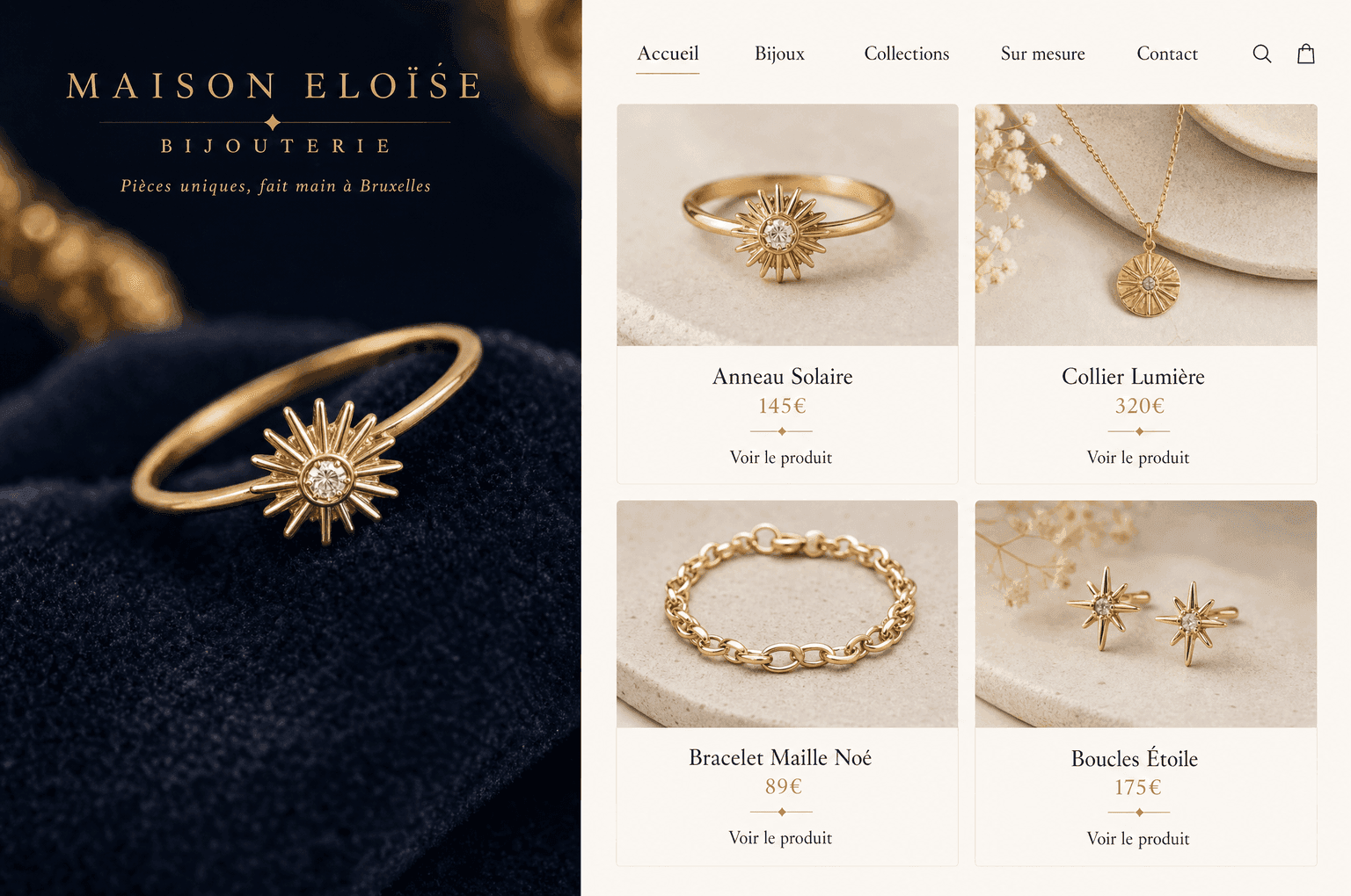 Aperçu d'un site e-commerce de bijouterie avec hero produit, grille de bijoux et prix en euros