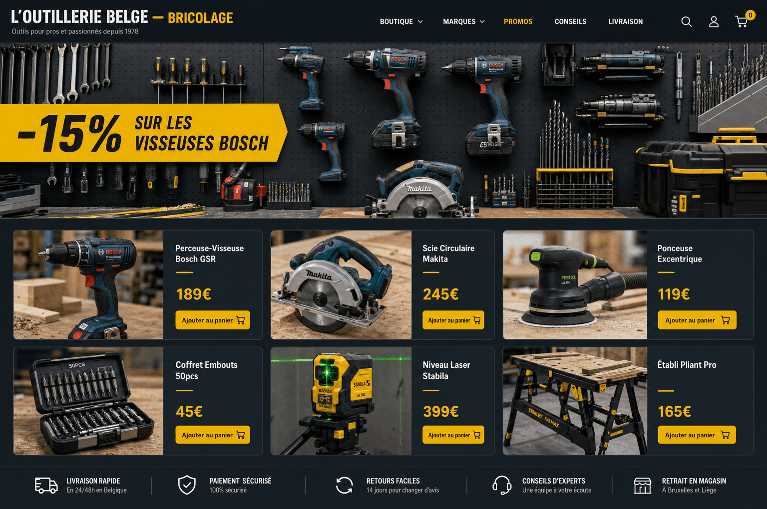 Aperçu d'un site e-commerce d'outillage, palette dark slate et jaune sécurité, hero promo et grille d'outils
