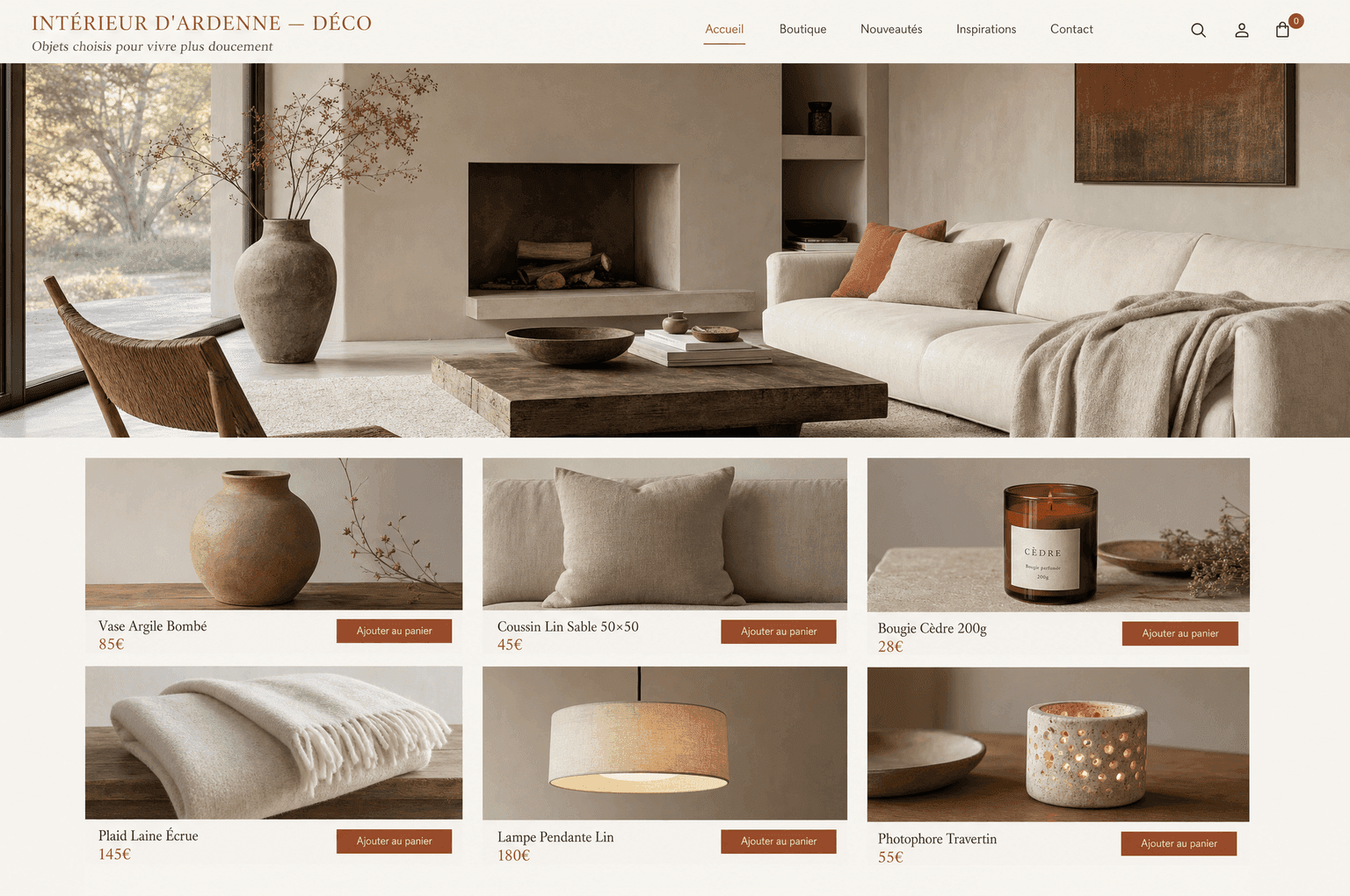 Aperçu d'un site e-commerce de décoration, palette terracotta et lin, grille d'objets pour la maison