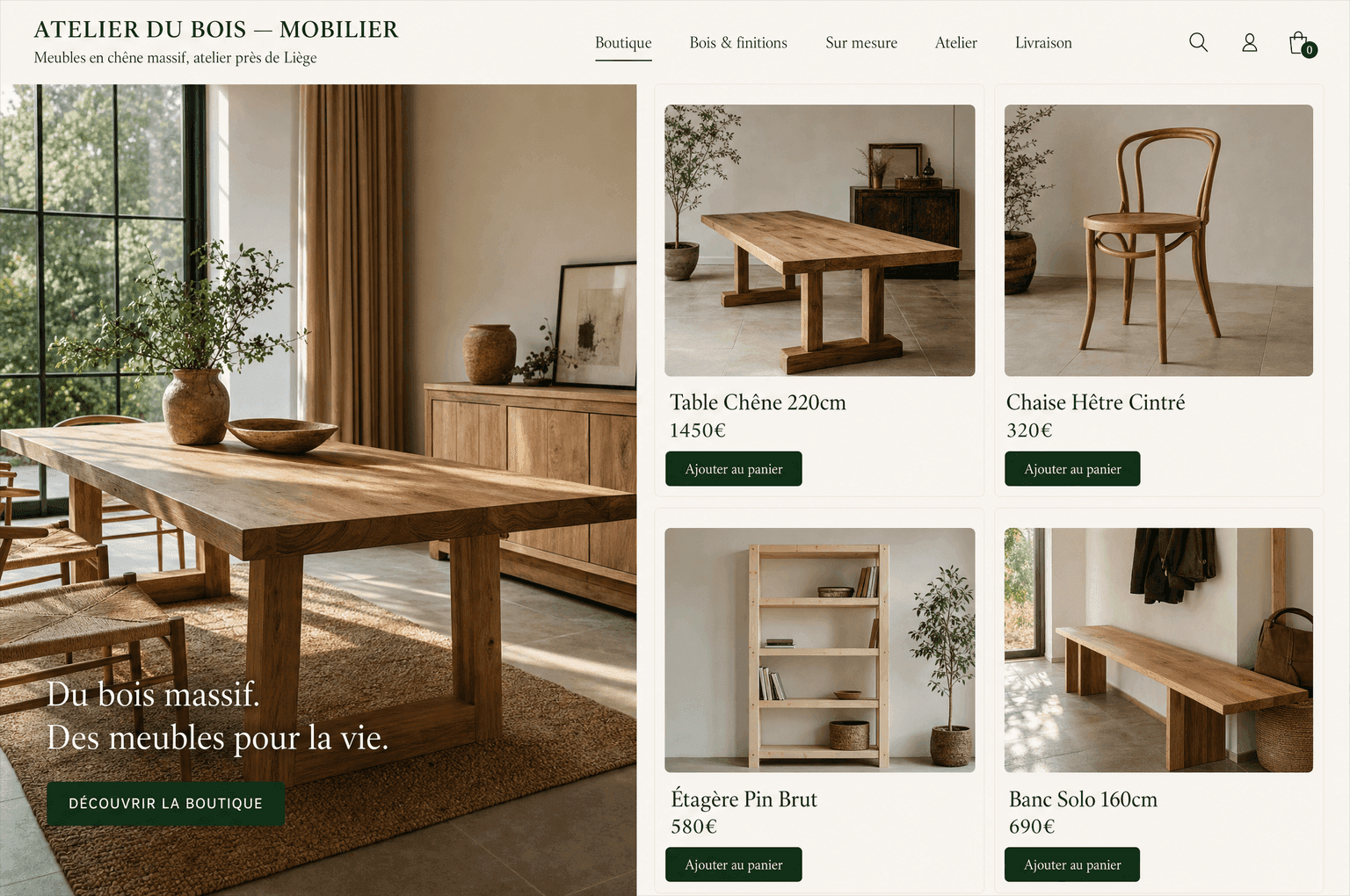 Aperçu d'un site e-commerce de mobilier artisanal en chêne, hero table salle à manger, grille de meubles