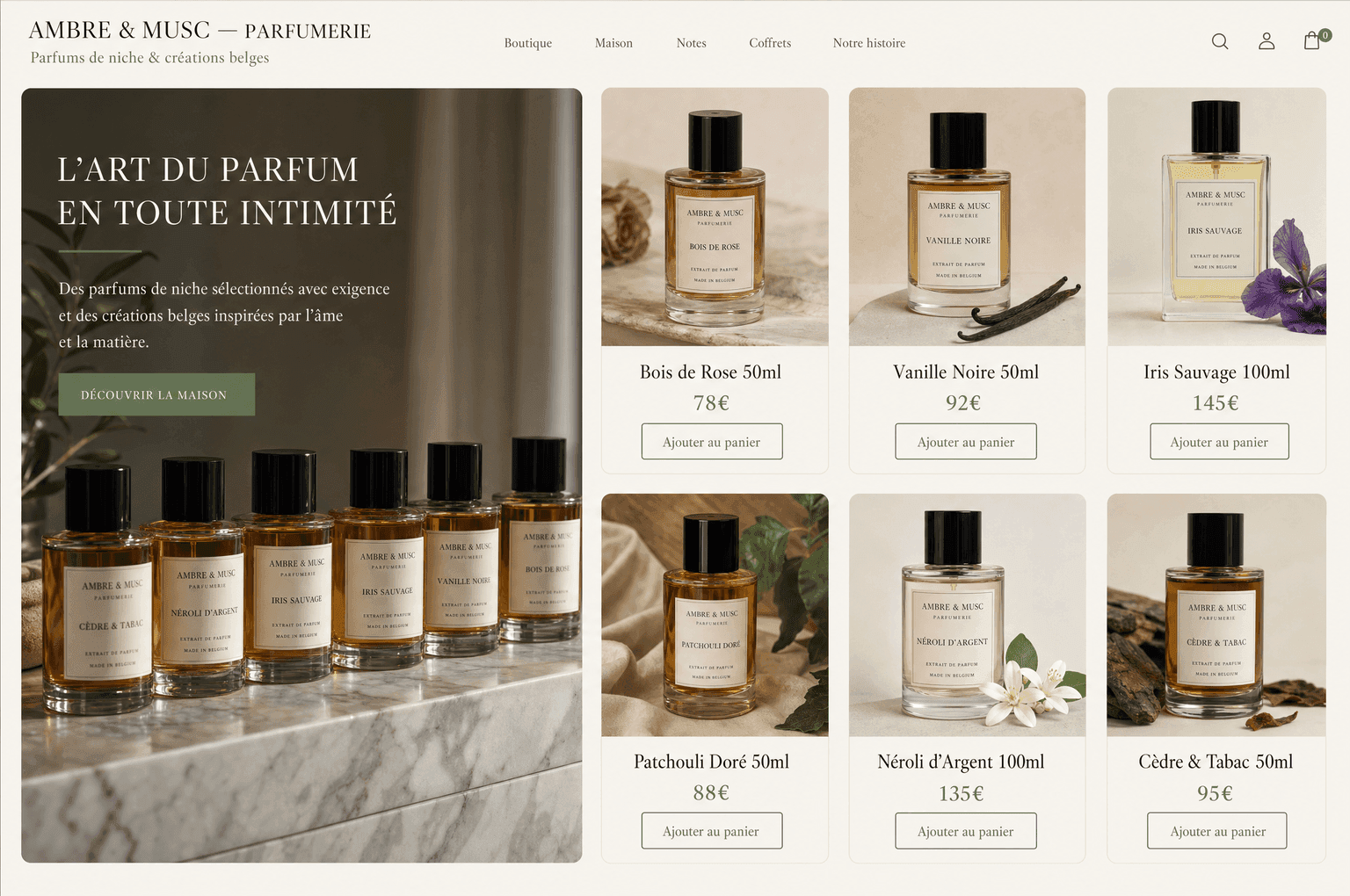 Aperçu d'un site e-commerce de parfumerie de niche, layout bento avec 6 flacons et prix