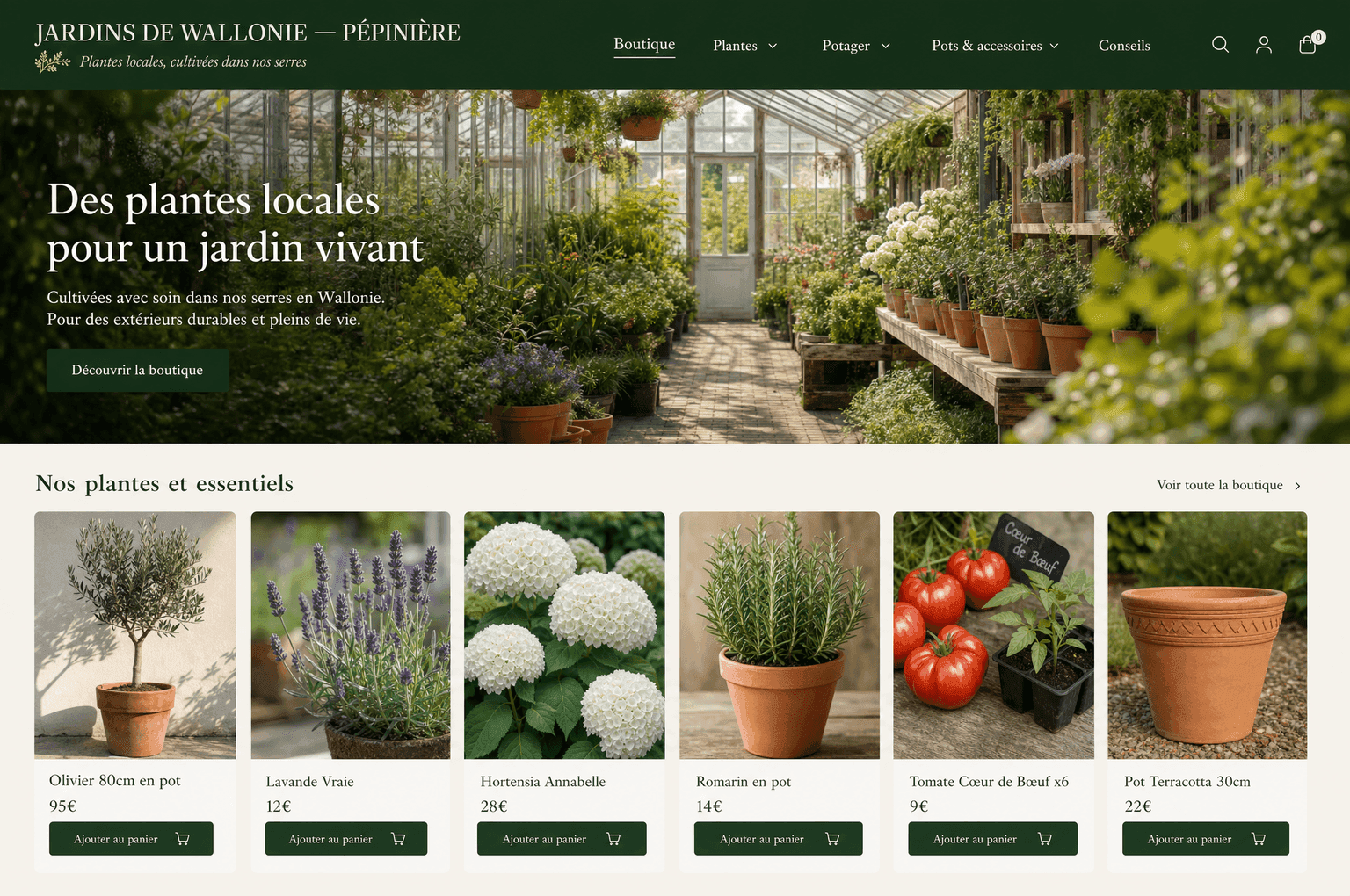 Aperçu d'un site e-commerce de pépinière, hero serre lumineuse, grille de plantes et prix en euros